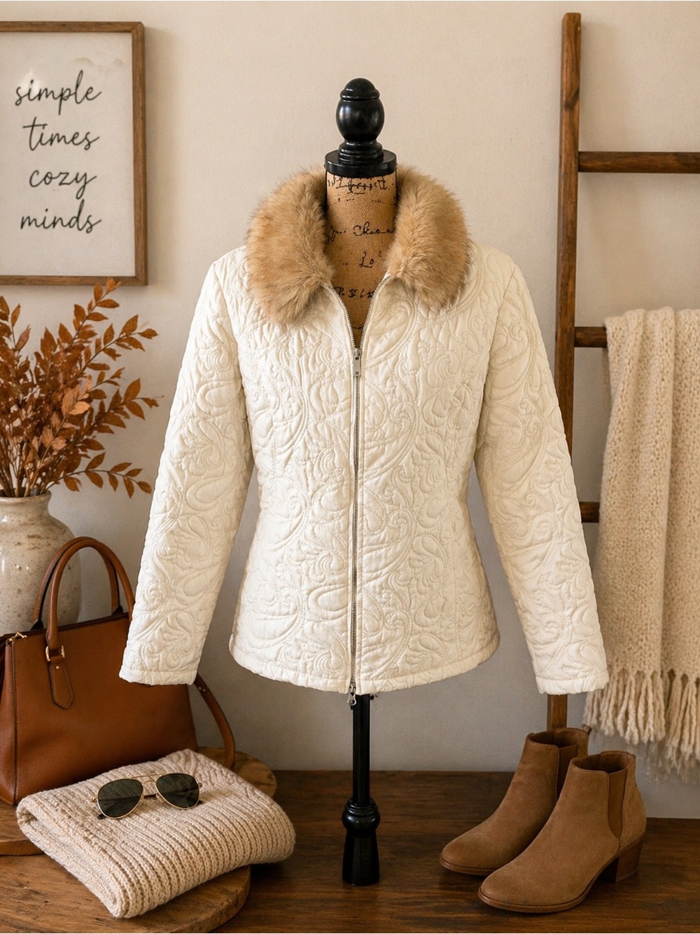 Coldwater Creek Quilted Ivory Jacket Faux Fur Collar Large